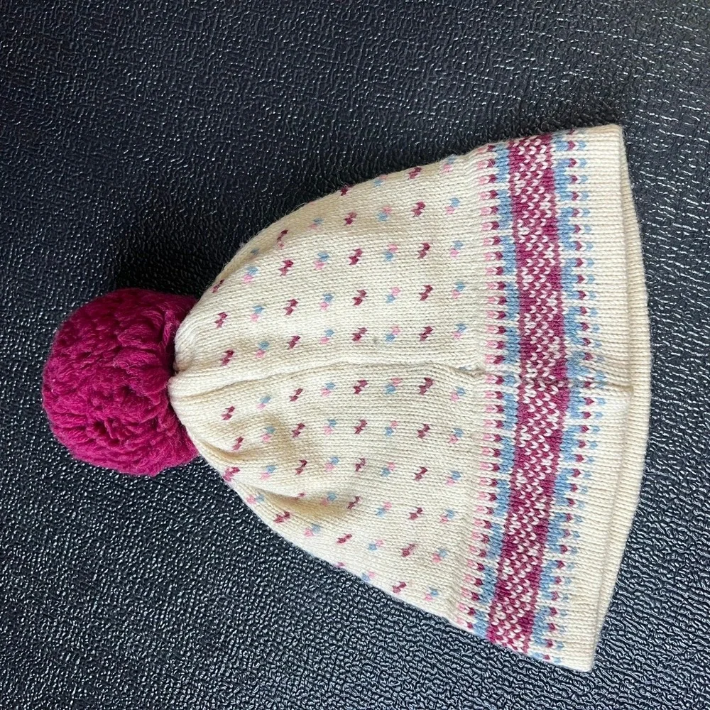 VTG Stowe Woolens Fair Isle Pom Pom Beanie Cream Pink Blue Wool Ski Hat Coquette